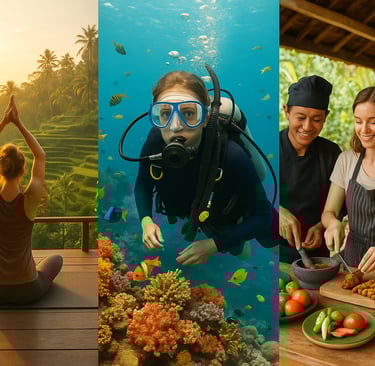 Collage of budget-friendly activities in Indonesia including yoga in Bali, scuba diving in the Gili Islands, and a local cook