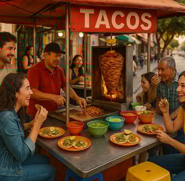 authentic Mexican street food stand serving tacos al pastor, with grilled meat on a vertical spit, fresh toppings, colorful p