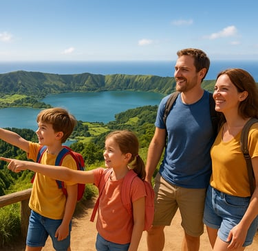 Family with kids enjoying the view over Sete Cidades crater lakes on São Miguel Island, Azores.