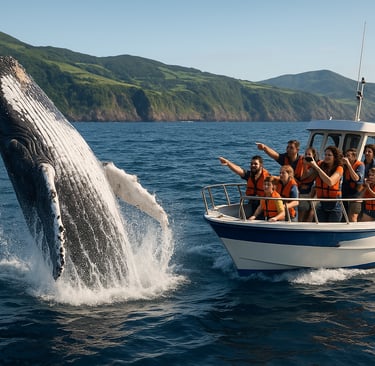 Family on a whale-watching boat near São Miguel, Azores, watching a humpback whale breach in the Atlantic.