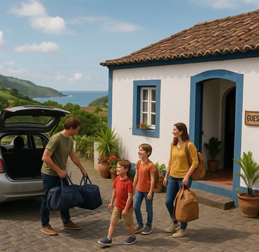 Family with children arriving at a cozy guesthouse on São Miguel Island, Azores, with ocean views and lush green hills in the