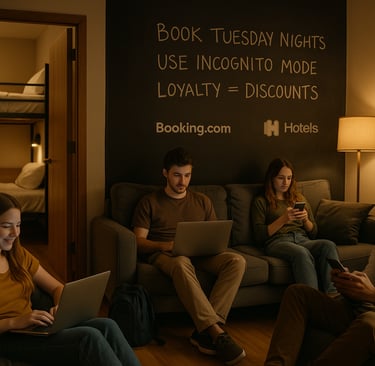 "Young travelers relaxing in a modern hostel common area with cozy seating and shared workspace. A chalkboard wall displays a