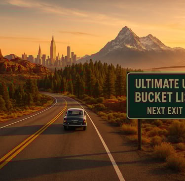 Photo-realistic American road trip scene at sunset featuring iconic U.S. landmarks like NYC skyline, red rocks of Sedona, and