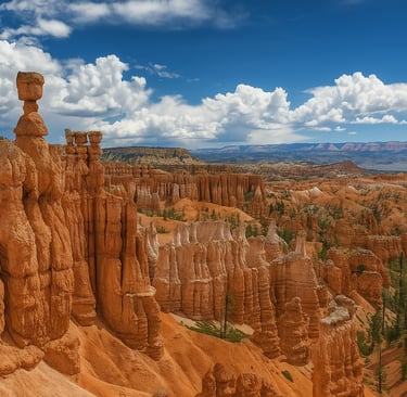 Stunning view of Bryce Canyon National Park with towering red rock hoodoos under a bright blue sky and dramatic white clouds