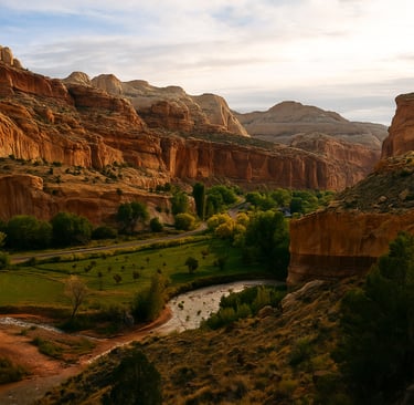 Peaceful landscape of Capitol Reef National Park with red rock cliffs, green orchards, and a winding river under soft evening