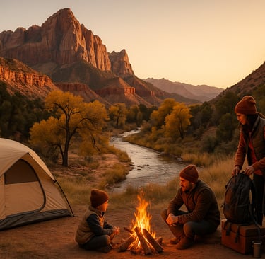 A family camping at Zion National Park, with a tent set near red rock cliffs, a father and child sit