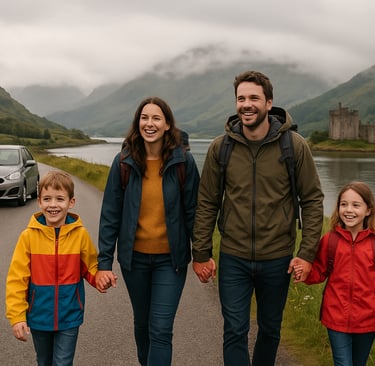 Family walking along a scenic road in the Scottish Highlands with misty mountains, a castle in the distance, and a loch nearb