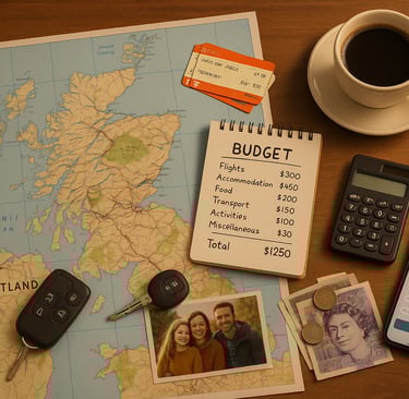 Flat lay of travel planning items including a map of Scotland, budget notepad, calculator, car keys, train tickets, coins, an