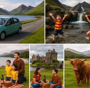 Collage of a family road trip through the Scottish Highlands featuring a car by a loch, kids at the Fairy Pools, a castle vis