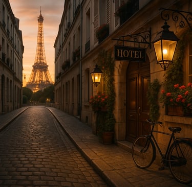 Charming boutique hotel entrance on a Paris cobblestone street with flower boxes and Eiffel Tower in the background at sunset
