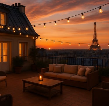 Rooftop lounge of a Paris boutique hotel at sunset with string lights and a view of the Eiffel Tower in the background.