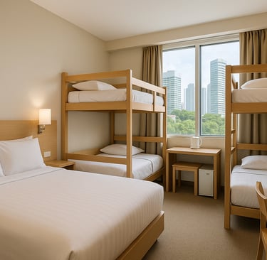 Family-friendly budget hotel room in Singapore with a queen bed, twin beds, modern decor, and city view