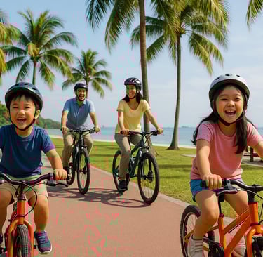 Family with kids biking and playing by the beach at East Coast Park in Singapore on a sunny day
