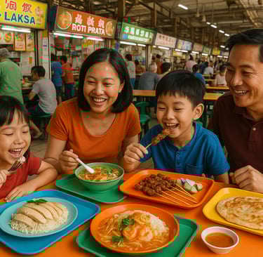 Family enjoying authentic Singaporean dishes like chicken rice and satay at a local hawker center