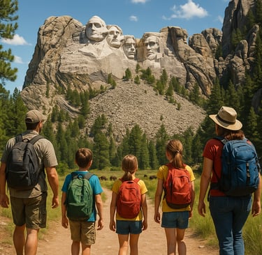 Family hiking in the Black Hills of South Dakota with Mount Rushmore in the background and bison grazing in a distant meadow 