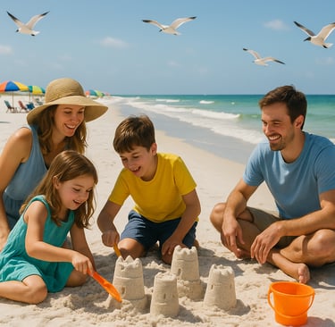 Family enjoying a quiet white-sand beach in Gulf Shores, Alabama, with kids building sandcastles and ocean waves in the backg