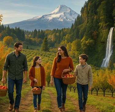 Family picking fruit in an orchard near Hood River, Oregon with Mount Hood and a nearby waterfall in the background