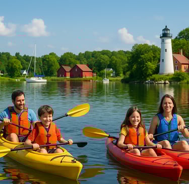 Family kayaking on a calm lake in Door County, Wisconsin, with a lighthouse and sailboats in the background on a sunny summer