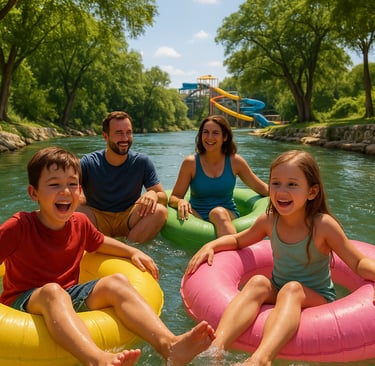 Family tubing down a lazy river in New Braunfels, Texas, with kids laughing and water park slides in the background on a sunn