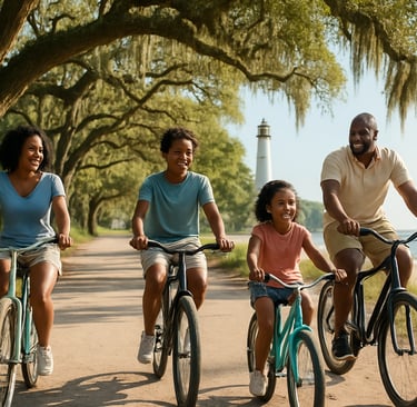 African American family biking along a tree-lined coastal path on St. Simons Island, Georgia, with mossy oaks and a lighthous