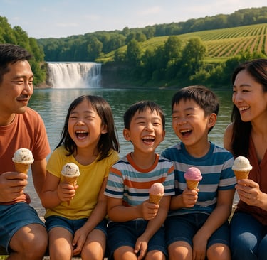 Family enjoying ice cream by a lake in the Finger Lakes, New York, with a nearby waterfall and vineyards in the background on