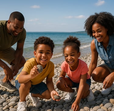 African American family searching for Petoskey stones on a rocky beach in Petoskey, Michigan, with clear lake water and a sun