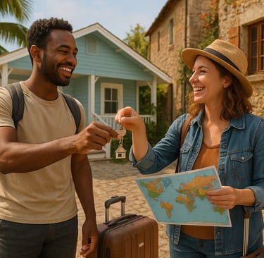 Two travelers exchanging house keys in front of different styled homes—one tropical and one European—symbolizing a home swap.