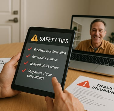 Traveler reviewing a safety checklist on a tablet with a locked door, insurance documents, and a video call with a host in th