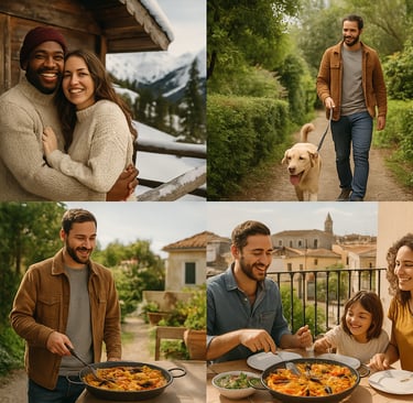Collage of real-life home swap stories: a couple in a snowy cabin, a solo traveler walking a dog in a garden, and a family di