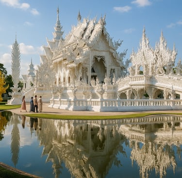 Chiang Rai’s White Temple (Wat Rong Khun) with intricate white architecture and mirrored mosaics reflecting in a peaceful pon