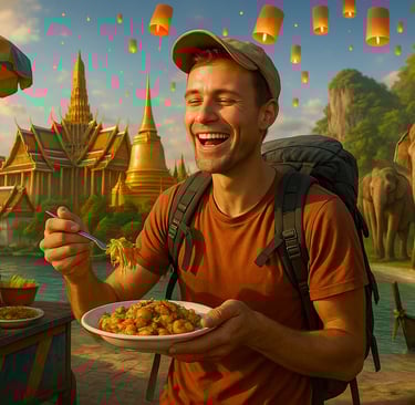 Vibrant photo collage of budget travel in Thailand featuring a smiling backpacker, street food stall, temples, lanterns, isla