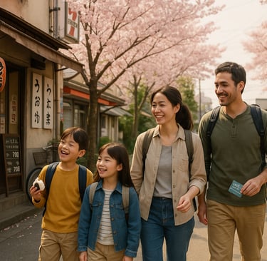 Family walking under cherry blossoms on a quiet Japanese street, stopping by a 7-Eleven with backpacks and JR Pass, capturing