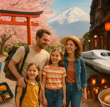 Family walking under cherry blossoms in Japan with Mt. Fuji, a bullet train, and traditional temples in the background—captur