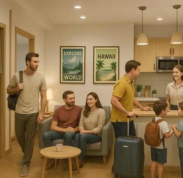 Modern cheap hostel with bunk beds and private rooms for backpackers and families.