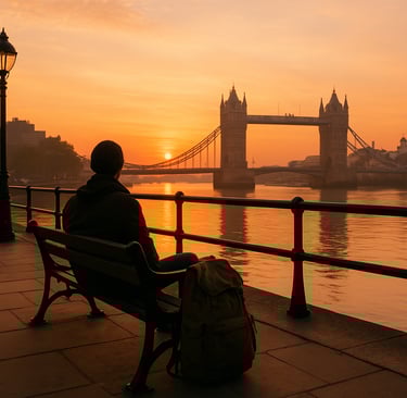 Solo traveler with a backpack watching sunrise over Tower Bridge in London, sitting by the River Thames — peaceful budget tra
