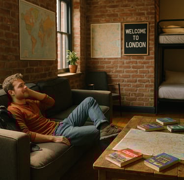 Modern London hostel common room with a relaxed backpacker, cozy seating, and travel gear — budget-friendly accommodation vib