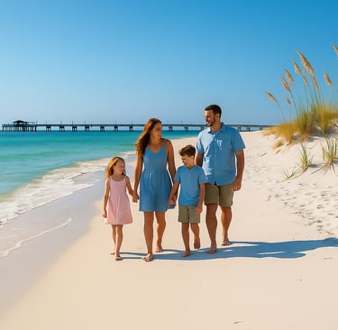 Family walking along a white sand beach in Gulf Shores, Alabama, with turquoise water and a distant fishing pier under a sunn