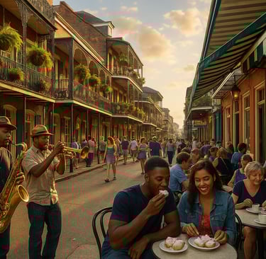 Street musicians performing in New Orleans’ French Quarter with colorful buildings and café diners enjoying the festive vibe.