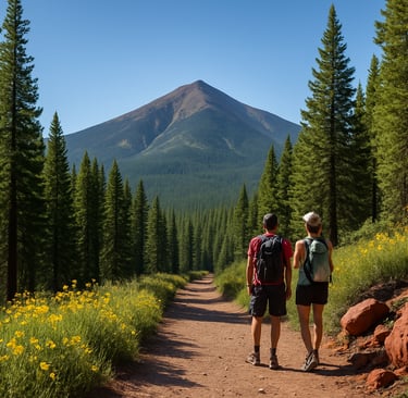 Hikers on a trail near Flagstaff, Arizona, surrounded by pine forests and distant mountain peaks under a clear sky.
