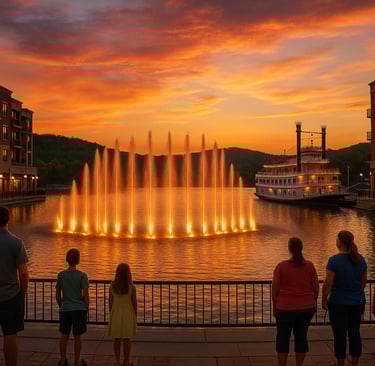 Fountain show at Branson Landing with families watching by the lakeside at sunset and Ozark hills in the background.