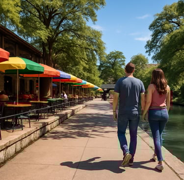 Couple walking along the San Antonio River Walk with colorful umbrellas and riverside cafés surrounded by greenery.