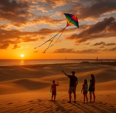 Family flying a kite on the tall sand dunes of the Outer Banks at sunset with ocean views and lighthouse in the distance.