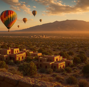 Colorful hot air balloons floating over Albuquerque’s desert skyline with adobe homes and Sandia Mountains at sunset.
