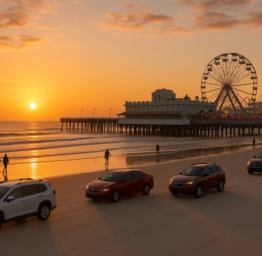 Sunrise on Daytona Beach with beachgoers and vehicles on the sand near the pier and boardwalk rides.