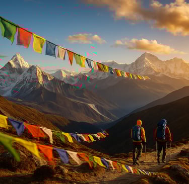 Trekking in Nepal’s Himalayas with Ama Dablam and Mount Everest at golden hour, colorful prayer flags in the foreground, and 