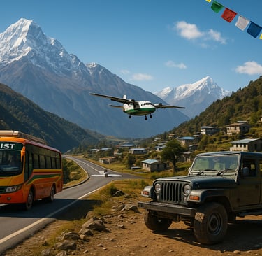 Transportation in Nepal showing a colorful tourist bus, rugged jeep, and small propeller plane near Lukla, with Himalayan mou