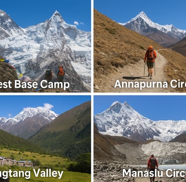 Landscape collage of Nepal’s Big Four treks — Everest Base Camp, Annapurna Circuit, Langtang Valley, and Manaslu Circuit — fe