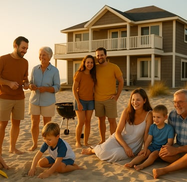 A large multi-generational family enjoying a beach vacation at sunset, with children playing in the sand, adults chatting and