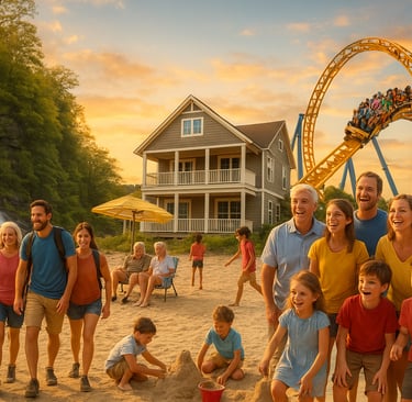 collage of big family vacation destinations showing a multigenerational family hiking by a waterfall, kids building sandcastl