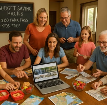 A large multi-generational family gathered around a kitchen table in a vacation rental, using a laptop, maps, and brochures t